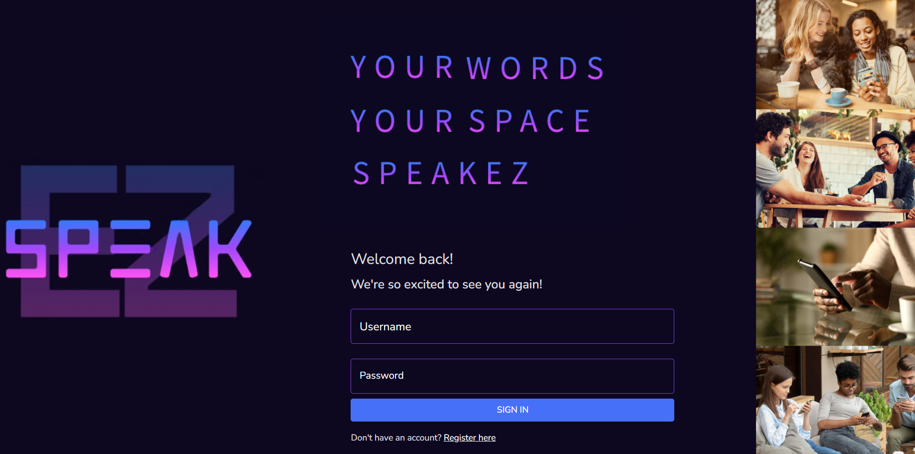 Website login screen with a vibrant purple gradient. Images on the right show people chatting and on their phones.